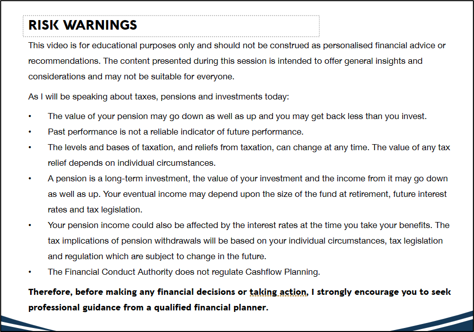 Risk warnings for a video that relates to pensions and retirement planning.